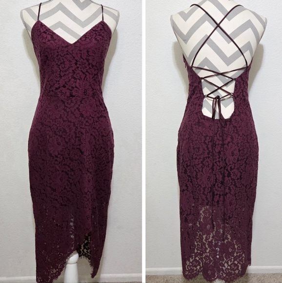 Lovers + Friends Dresses & Skirts - Lovers + Friends Skylight Dress Burgundy Lace Asymmetrical Hem Lace Up Back Sz L